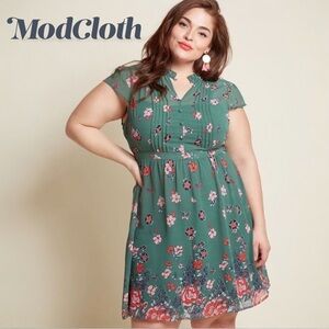 Modcloth Oh Say Can Museum Green Butterfly Floral Print A-Line Dress | Size 3X